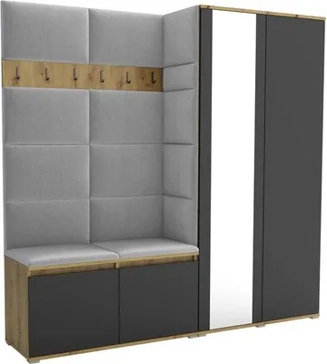 Produktbild von Garderoben-Set Noris IV mit Spiegel, gepolsterte Garderobe mit Sitzbank, Wandpaneelen und Stauraum (Farbe: Artisan Eiche/Schwarz + Trinity 32)
