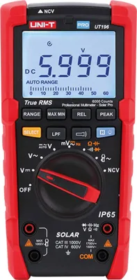 A red and black UNI-T multimeter is shown against a white background.