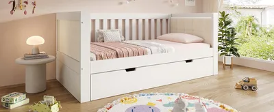 Zdjęcie produktu dla Stelaż do łóżka jednoosobowego o wymiarach 90x200 cm z możliwością rozłożenia na łóżko o wymiarach 90x190 cm, kolor biały, wykonany z drewna, z elastycznym stelażem, oszczędzający miejsce, idealny do sypialni i pokoju gościnnym