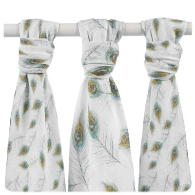 Produktbild von xkko Bamboo-Mullwindel Digitaldruck 70x70 3er-Set Peacock Feathers