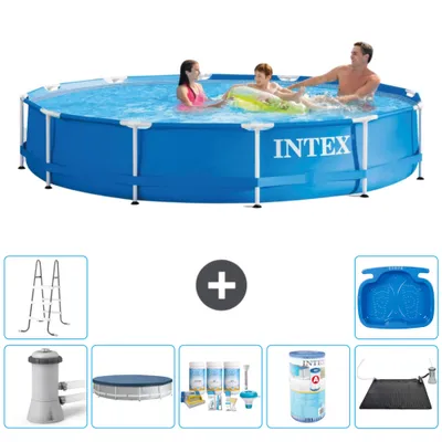 Produktbild von Intex Rundrahmen-Schwimmbecken – 366 x 76 cm – Blau – inklusive Pumpe Abdeckung - Wartungspaket - Filter - Solarmatte - Leiter - Fußbad