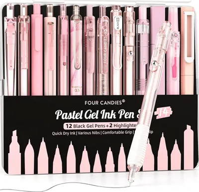 Produktbild von Gel-Tintenstift-Set 0,5 mm feine Spitze, 14-teilig mit Etui, 12 schwarze Stifte, 2 Textmarker