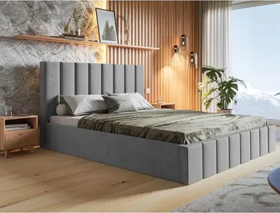 Produktbild von Polsterbett SIM 10 mit Kopfteil, 160x200 cm, Doppelbett mit Bettkasten und Lattenrost aus Holz, Velourstoff, Farbe: Grau