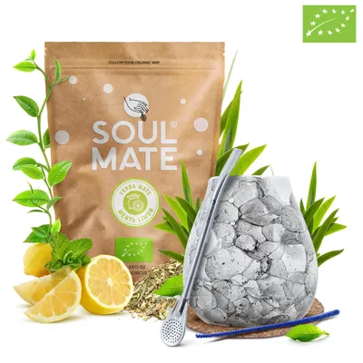 Produktbild von Soul Mate - Mate Tee Set Menta Limon 500g - Keramik Becher Marmor Optik Weiß 300ml, Bombilla - Frisch Rauchfrei Mit Staub - Yerba Mate Brasilien