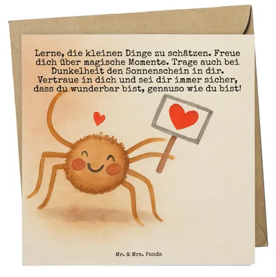 Produktbild von Mr. & Mrs. Panda Grußkarte Spinne Agathe Motivation Design - Weiß - Geschenk, Klappkarte, Glückwunschkarte, doppelkarte, Dankeschön, Vertrauen, Glück, faltkarte, Liebe