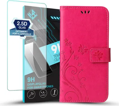 Produktbild von Handyhülle für Xiaomi Redmi 14C mit 9H Displayglas Floral Blumen Schmetterling Flip Cover Hülle Case Klapphülle Handytasche Farbe: Pink