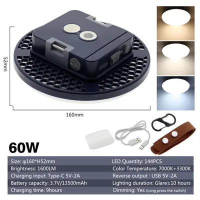 Obrázok produktu pre LED kempingová lampa - 60W pracovné svetlo - extrémne jasné svetlo - vodotesné (IP65) - nabíjateľná powerbanka cez USB typu C - stmívateľné núdzové svetlo
