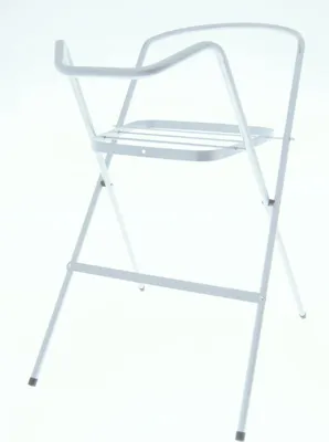 A white metal table stand against a white background.