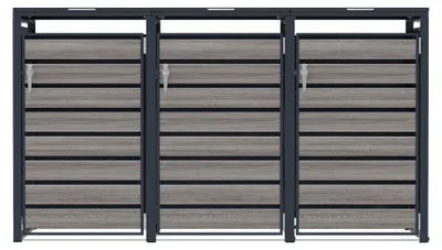 Image de Boîtier en métal gris pour trois poubelles, avec porte imitation bois gris, pour deux poubelles de 240 litres