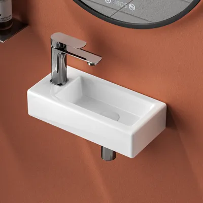 Immagine prodotto di EMKE Lavabo a parete in Vetroceramica 36,5×18×9 cm - Quadrato bianco lucido con foro per rubinetto corto