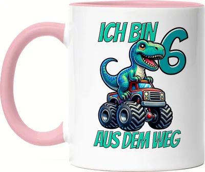 Produktbild von Kinder 6. Geburtstag Tasse Rosa Dino Dinosaurier Auto 6 Jahre Junge Monstertruck