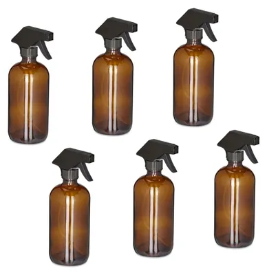 Imagen del producto de Relaxdays, juego de 6 botellas de vidrio para pulverizar, 500 ml, con boquilla para pulverización fina y chorro, ideales para el cuidado del cabello, la limpieza y las plantas, color marrón, Imagen generada por IA