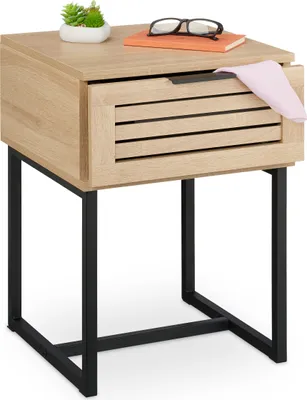 Produktbild von Relaxdays Nachttisch mit Schublade, HBT: 55,5 x 40 x 41,5 cm, Holzoptik, Metall, Nachtkasten Schlafzimmer, natur/schwarz