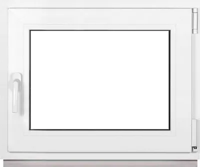 A white window frame with a clear glass pane, set against a white background.