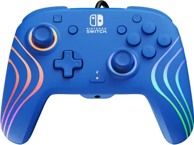 A blue Nintendo Switch controller with colorful wave-like accents.