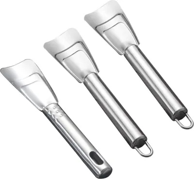 Three stainless steel ice scrapers are arranged diagonally on a white background.