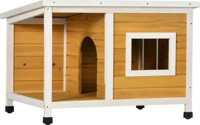 Obrázok produktu pre Psia búda s verandou, odklápateľnou strechou, oknom, nastaviteľnými nožičkami, prírodné drevo, oranžová, 85,5 x 62 x 60 cm