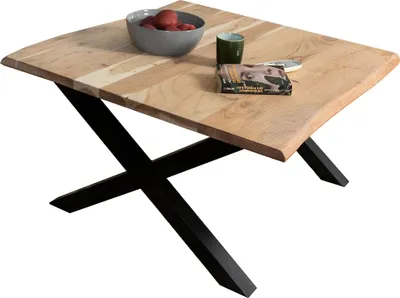 Produktbild von Couchtisch 90x90 cm Quintus, echte Baumkante, Akazienholz naturfarben, massiver Sofatisch, X-Metallgestell Schwarz