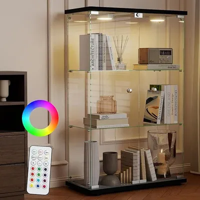 Produktbild von Glasvitrine Standvitrine mit LED in Schwarz 125x79x36,5CM Vitrine | Modern Vitrinenschrank mit 3 Böden aus ESG für Küche, Flur Wohnzimmer Büro zur Aufbewahrung von Sammlerstücken Büchern Weinen