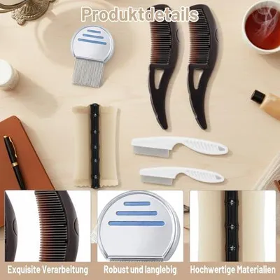 Produktbild von 6-teiliges Set mit Schuppenkämmen, Kopfhautmassagebürste, Haarkämmen, Flohkämmen und Kamm