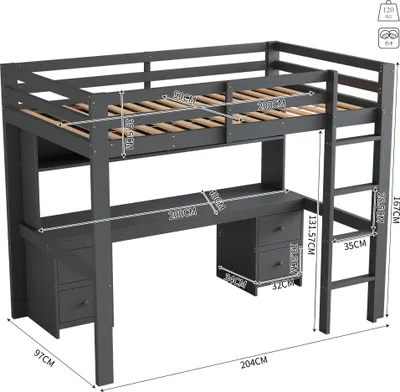 Zdjęcie produktu dla łóżko na poddaszu 90*200 cm, łóżko powyżej, stolik poniżej, dodatkowe miejsce do przechowywania, wysoka poręcz, stabilne schody, szary