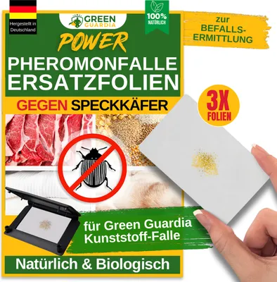 Produktbild von Green Guardia Ersatzklebeflächen mit Pheromon-Lockstoff-3x Fallen- Nachfüll-Set für Kunststoff-Fallen, Speckkäfer Falle, Natürlich & Wirksam