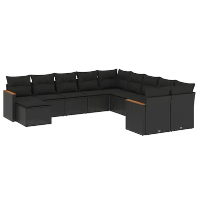 Produktbild von Garten-Sofagarnitur, modular, Poly Rattan Schwarz, pulverbeschichteter Stahlrahmen, UV-beständig, 11-teilig, mit waschbaren Kissenbezügen