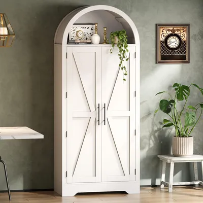 Immagine prodotto di Flieks: armadio ad arco con ripiano sopra la porta e parte superiore aperta, mobile da cucina, armadio alto 70x35x170 cm, bianco