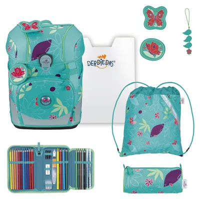 Productafbeelding van DerDieDas schooltas ErgoFlex Tiny Set 6-delig Butterfly Garden turquoise