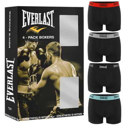 Obrázek produktu pro EVERLAST Balení 4 pánských bavlněných boxerek, spodní prádlo pro muže, černé s pasem s logem v různých barvách, velikost XL