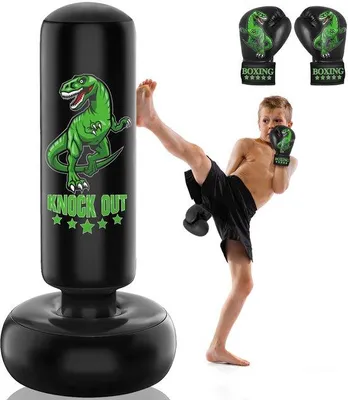 Produktbild von Ibenzoa® aufblasbarer freistehender Boxsack für Kinder mit Dinosaurier-Muster – enthält Boxhandschuhe und Zubehör