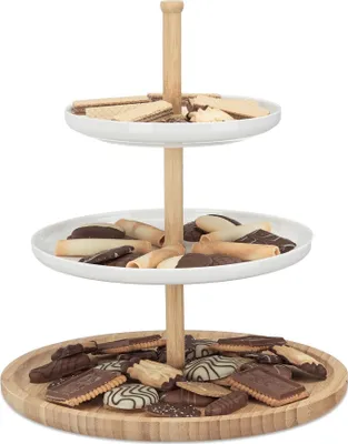 Produktbild von Etagere aus Bambus und Keramik, mit anschraubbaren Platten, für Snacks, Obst und Süßigkeiten