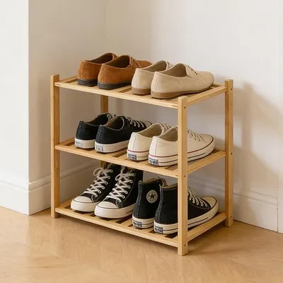 Produktbild von PolkaHome® Kleines Schuhregal 3-stufig aus Bambus – Multifunktionaler Schuhständer für Flur, Schlafzimmer & Bad, Platzsparend &