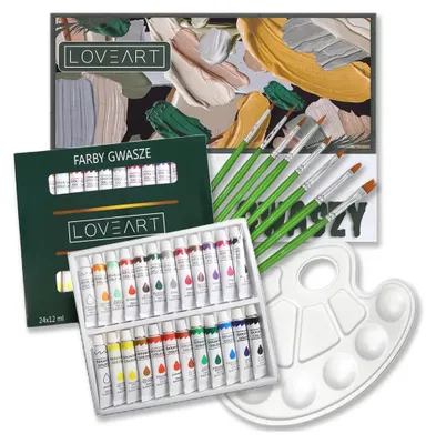 Image de Set de peinture gouache - 24 couleurs, pinceaux, bloc A4 & palette de mélange - Set Loveart pour débutants & créatifs