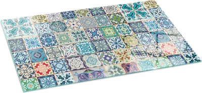 Produktbild von Mosaikmuster auf Fliesen – Glasbodenplatte für – Kaminofen – Kaminplatte Glas – Schutzglas – Funkenschutzplatte –Glasbodenplatte Feuerfeste – Hitzeschutzplatte – Bodenschutz aus Glas – 140x70 cm