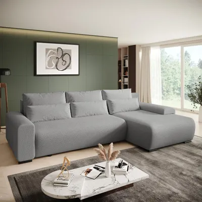 Produktbild von BEAUTYSOFA | Ecksofa BENNY L mit Schlaffunktion und Bettkasten, Bouckle Stoff in Grau – Ottomane rechts – Modernes Polstersofa