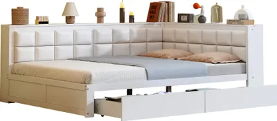 Image de Sweiko canapé-lit en bois 140 x 200, lit multifonctionnel avec dossier souple, grand tiroir de rangement, lit simple, lit pour adolescents, lit en bois de pin, blanc.