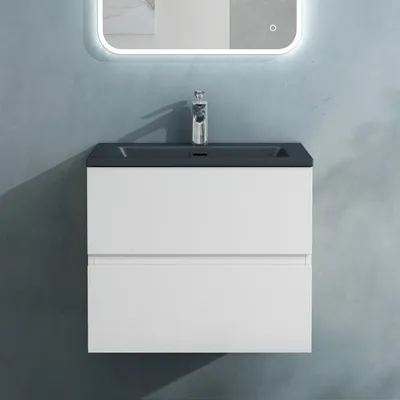 Produktbild von doporro Badmöbel-Set Waschbecken-Unterschrank Badezimmer Waschtisch mit Unterschrank BTH: 60x48x50 cm in Matt weiß inkl. matt Anthrazit Mineralguss-Waschbecken Aqualis