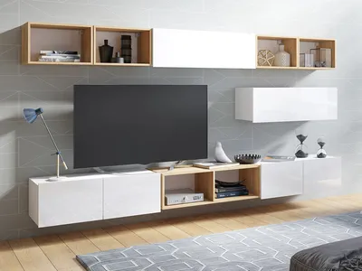Produktbild von Wohnwand CALABRINI-26 Wohnzimmer-Set Hängewohnwand Schrankwand Schrank TV-Schrank Moderne Anbauwand Hochglanz (Weiß / Goldene Eiche)