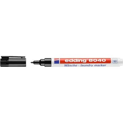 A black Edding 8040 laundry marker with its cap off, placed to the left of the marker.