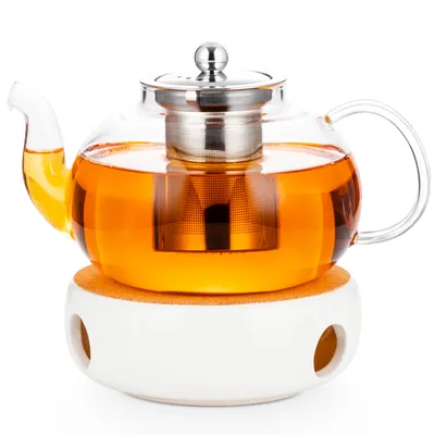 Produktbild von AdelDream Teekanne Glas 1000 ml im Set mit Stövchen, Siebeinsatz, aus Borosilikatglas, Teesieb und Deckel aus Edelstahl, für losen Tee und Teebeutel Muttertagsgeschenk