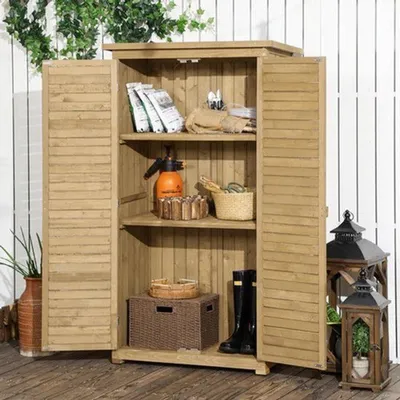 Immagine prodotto di Armadietto da giardino in legno con tetto in bitume e porte a lamelle - Realizzato in legno di abete resistente - Dimensioni: 87 x 46,5 x 160 cm