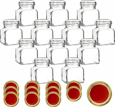 Produktbild von gouveo 12er Set Einmachgläser 120 ml eckig Schraubverschluss rot-gold - Kleines Vorratsglas mit Deckel für Marmelade, Gewürze