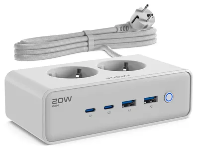 Image de VOOMY Prise multiple 6 en 1 20W USB-C - 2x USB-C & 2x USB-A - Prise multiple avec 2 emplacements - 4000W - 2M de câble - Blanc