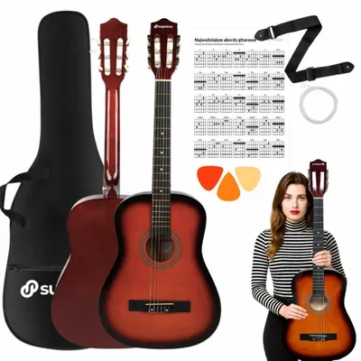 Produktbild von SUPRIMO CGS2 SB, klassische Gitarre, 4/4, Sunburst-Lackierung, ideal für Anfänger, inklusive Plektrum, Gurt, Ersatzsaiten, Koffer und Akkorddiagramm