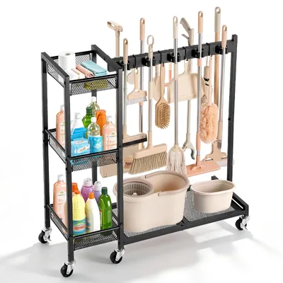 Image de Support pour outils de jardin VEVOR, dimensions 860x315x865 mm, système de fixation par pinces, couleur noire. Étagère de rangement pour garage, remise ou jardin, organisateur en acier pour balais, serpillères, râteaux, avec 3 compartiments de rangement, crochets et roulettes