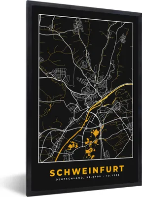 Produktbild von MuchoWow® Gerahmtes Poster Deutschland - Schwarz und Gold - Schweinfurt - Stadtplan - Karte 40x60 cm - Poster mit Schwarzem Bilderrahmen Wandposter Rahmen Foto Bilder - Papierdruck - Wandbilder