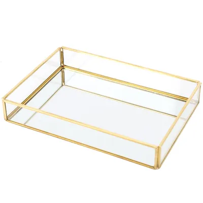 Immagine prodotto di Scatola portaoggetti in metallo e vetro in stile vintage, vassoio dorato, espositore per gioielli e cosmetici (formato piccolo)