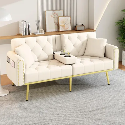 Immagine prodotto di Divano Merax a 2 posti, divano con funzione reclinabile, 3 angoli di inclinazione, portabicchieri, cuscini, divano letto, poltrona, divano lounge, soggiorno, velluto, beige