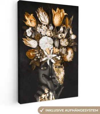 Produktbild von MuchoWow® - Leinwandbilder - Frau - Blumen - Gold, Wandbild, Wanddeko Bilder Wohnzimmer, 20x30 cm